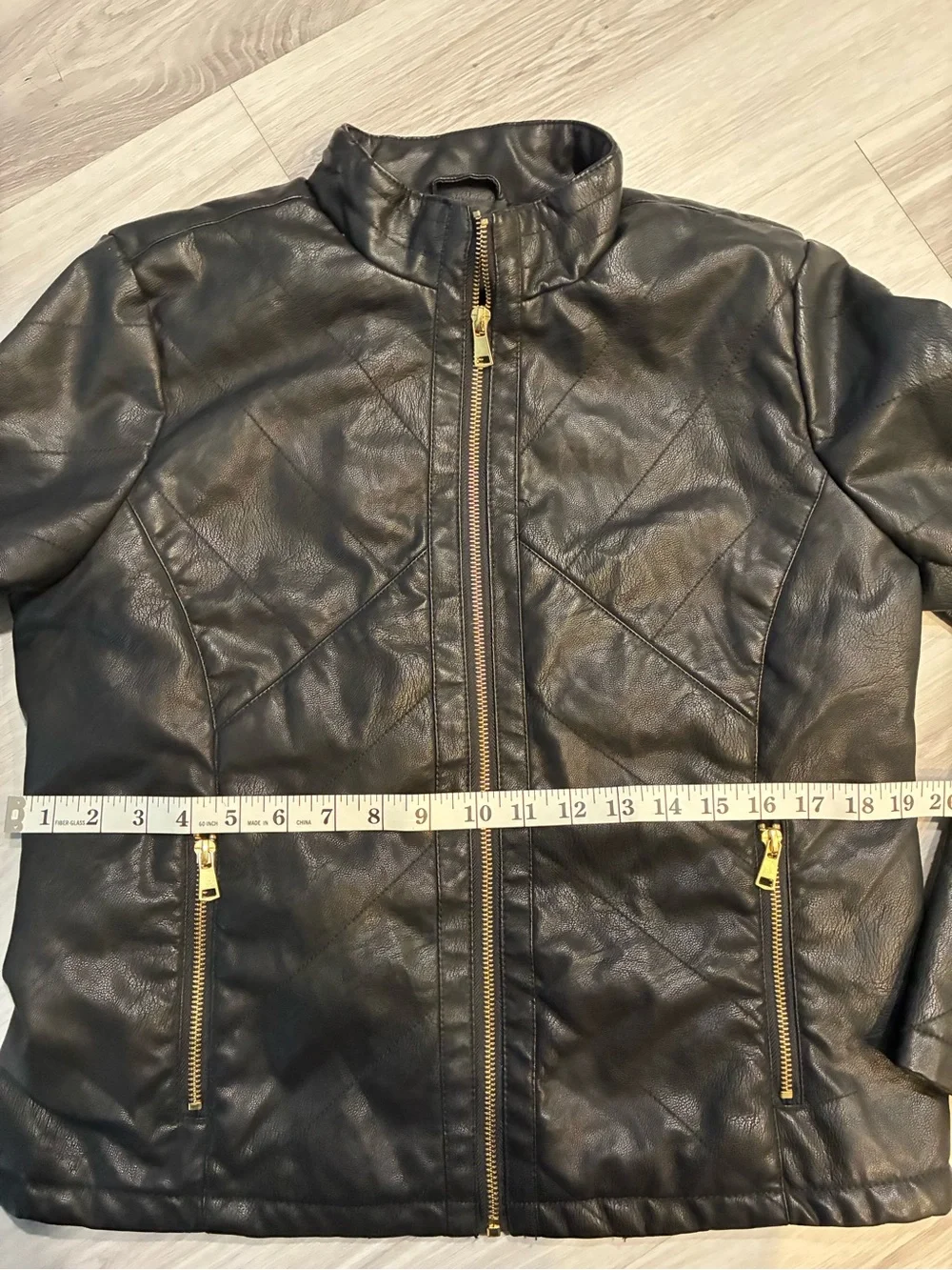 Black Faux‎ Leather Zip Jacket with Gold Hardware